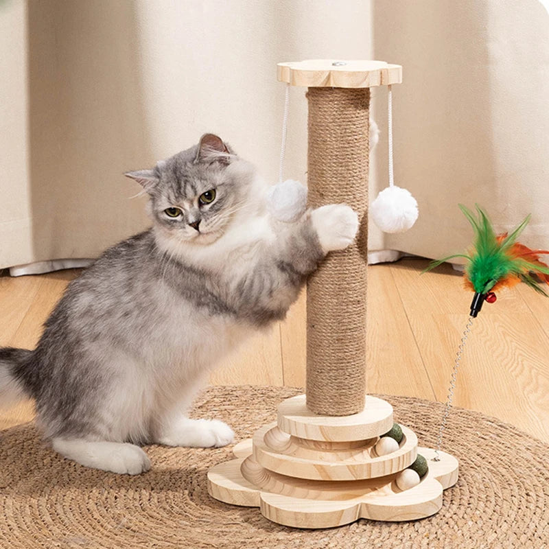 Cat Scratcher & Play Station - Durable Cat Scratching Post with Play Balls & Feather - Crazy Pawz  Cat Scratcher 