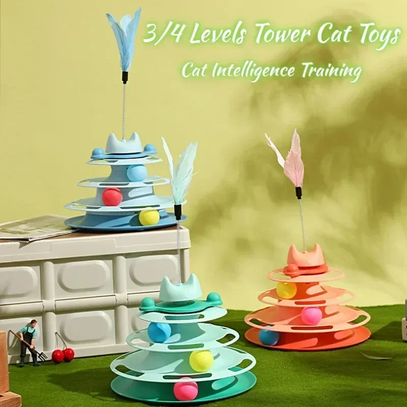 Cat Ball Ring Tower - Multi-Level Interactive Cat Tower Toy with Feather - Cat Toy -  Crazy Pawz