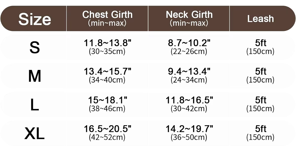 cat harness with size chart 